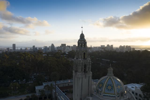 Aerial view of a park, the bridge and the skyline in Balboa Park.