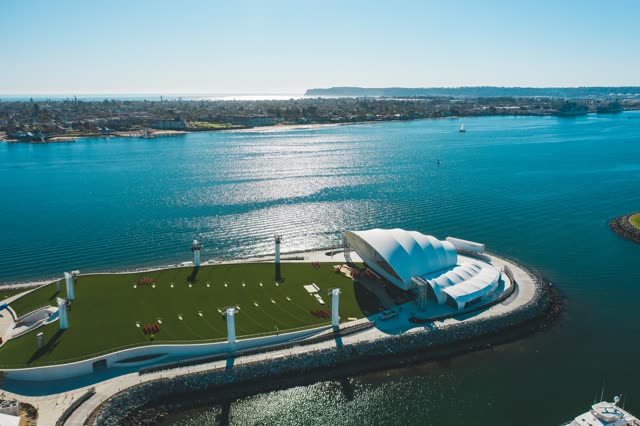 Aerial view of the harbor, boats and the bay at Embarcadero.