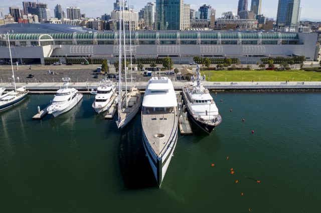 Aerial view of the harbor, the skyline and boats in Downtown San Diego.