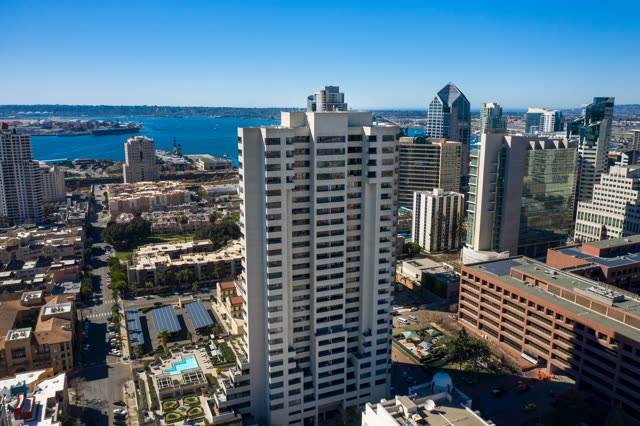 Aerial view of the downtown streets, the skyline and boats at San Diego Marina.