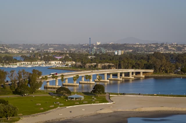 Aerial view of the harbor, the bridge and boats in Mission Bay.