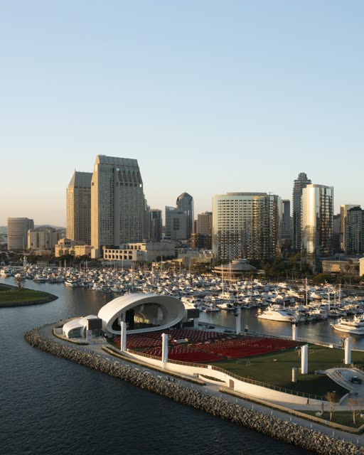 Aerial view of the downtown streets, the skyline and boats at San Diego Marina.