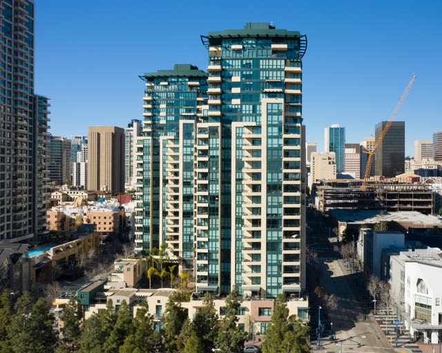 Aerial view of the downtown streets, the skyline and palm trees at San Diego Marina.