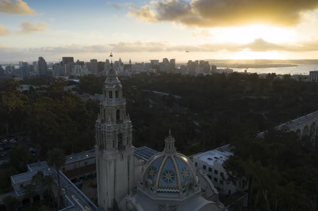 Aerial view of a park, the bridge and the skyline in Balboa Park.