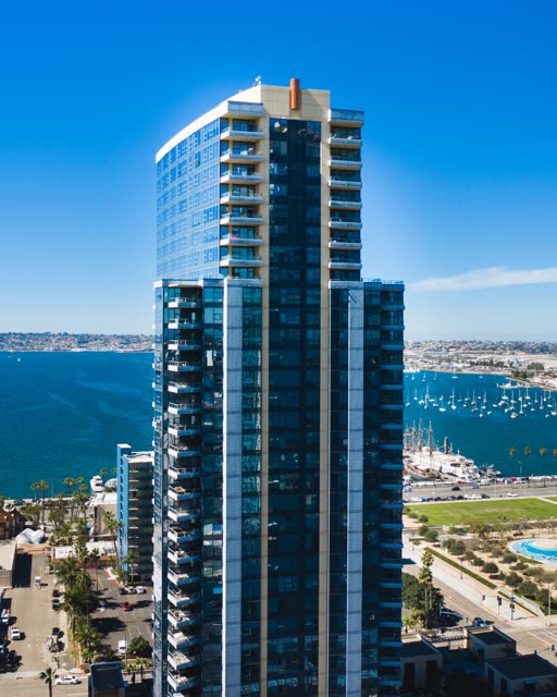 Aerial view of the downtown streets, boats and palm trees at Waterfront.