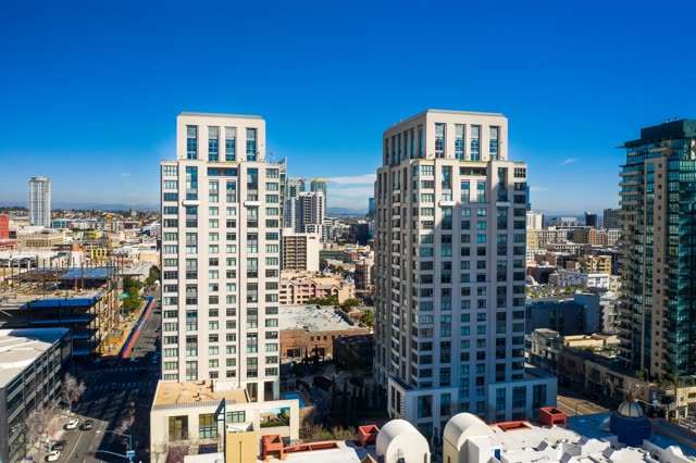 Aerial view of the downtown streets, the skyline and the buildings at San Diego Marina.