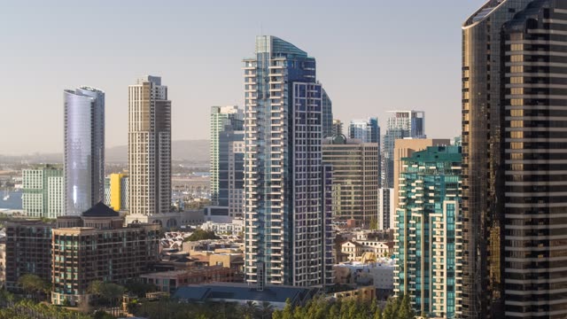 Aerial view of the downtown streets, the skyline and the buildings at Embarcadero.