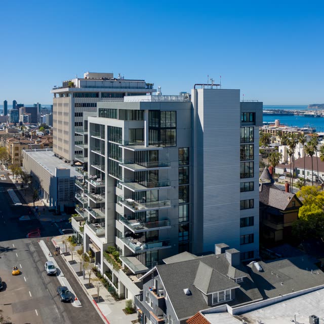 Aerial view of the downtown streets, the skyline and palm trees at Bankers Hill.