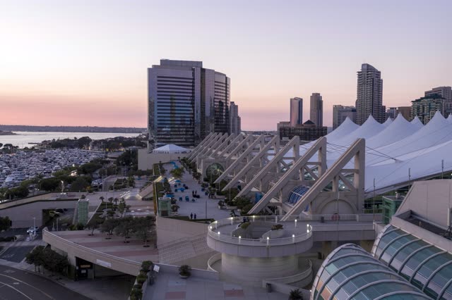 Aerial view of the downtown streets, the skyline and boats at San Diego Marina.