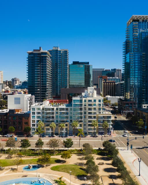 Aerial view of the downtown streets, the skyline and palm trees at Waterfront.