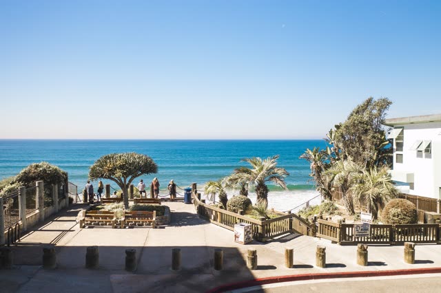 Elevated view of the beach, palm trees and the ocean in Encinitas, with people walking.