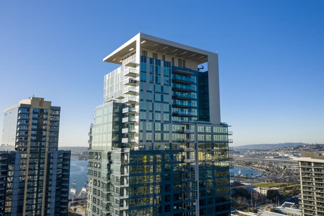 Aerial view of the downtown streets, the skyline and the bay at Waterfront.