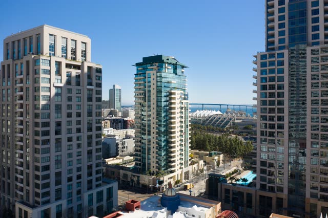 Aerial view of the downtown streets, the bridge and the skyline at San Diego Marina.