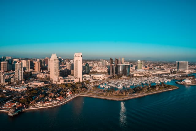 Aerial view of the downtown streets, the skyline and boats at San Diego Marina.