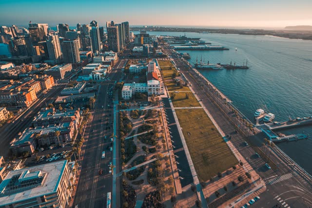Aerial view of the downtown streets, the skyline and boats at San Diego Marina.