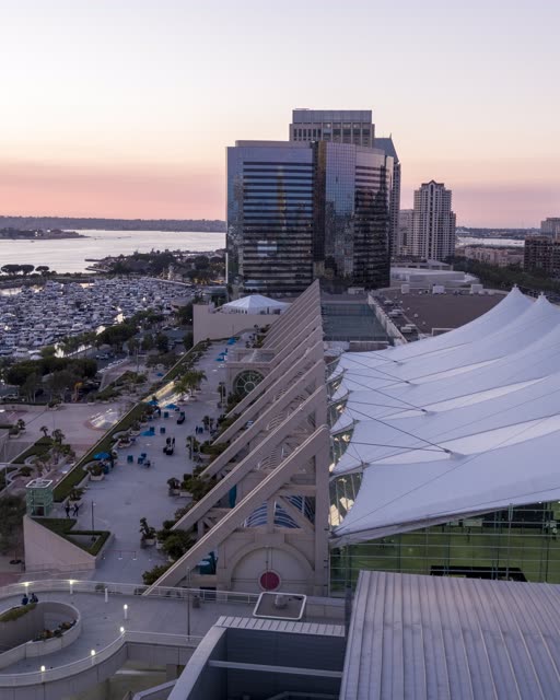 Aerial view of the downtown streets, the skyline and boats at San Diego Marina.