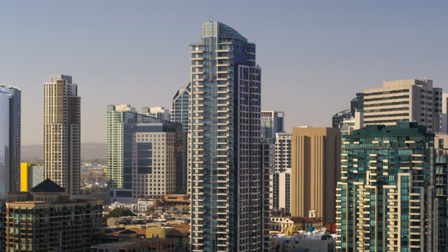 Aerial view of the downtown streets, the skyline and the buildings at Embarcadero.