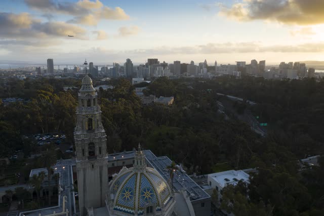 Aerial view of a park, the bridge and the skyline in Balboa Park.