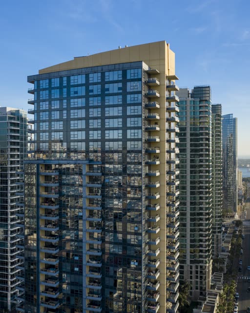 Aerial view of the downtown streets, the skyline and the buildings at Waterfront.