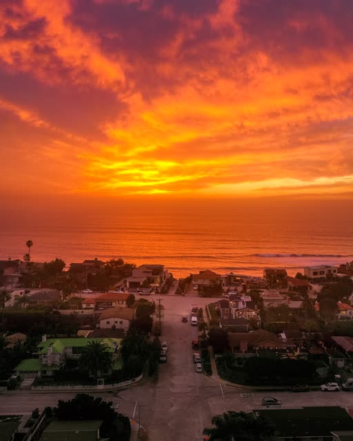 Aerial view of a residential street, palm trees and the ocean in Solana Beach.