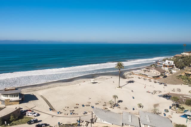 Aerial view of the beach, the surf and palm trees at Moonlight Beach, with people walking.