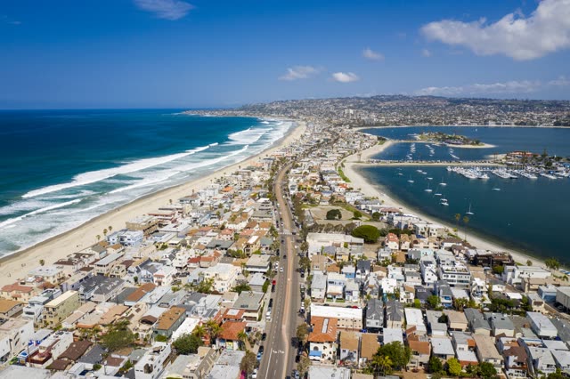 Aerial view of the beach, boats and the ocean in Mission Bay.