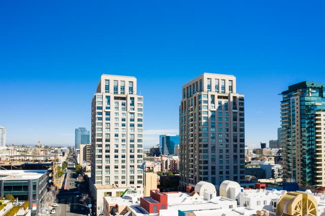 Aerial view of the downtown streets, the skyline and the buildings at San Diego Marina.