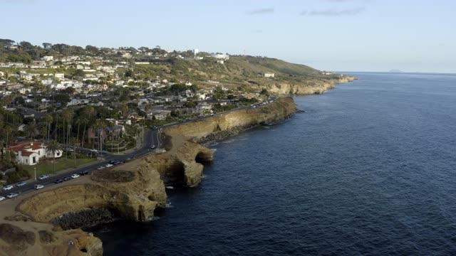 Aerial view of the cliffs, palm trees and the ocean at Sunset Cliffs.