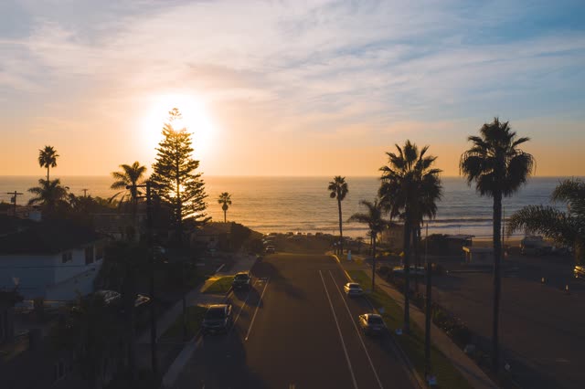 Low aerial view of a residential street, palm trees and the ocean at Moonlight Beach.