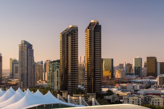 Elevated view of the downtown streets, the skyline and the buildings at Embarcadero.