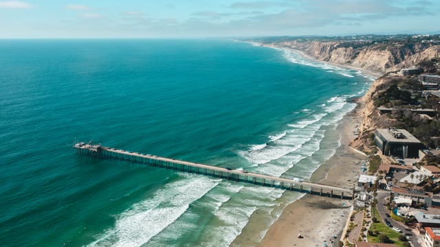 Aerial view of the cliffs, the surf and the pier at La Jolla Farms.