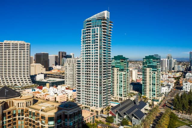 Aerial view of the downtown streets, the skyline and homes at San Diego Marina.