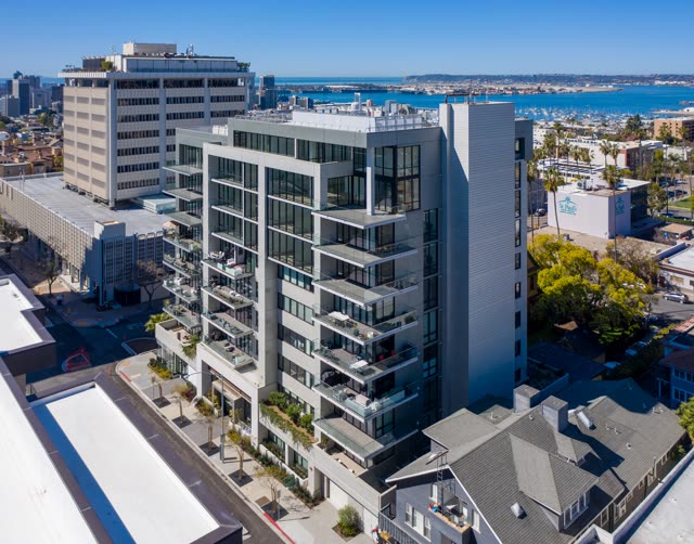 Aerial view of the downtown streets, boats and palm trees at Bankers Hill.