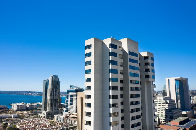 Aerial view of the downtown streets, the skyline and the bay at San Diego Marina.