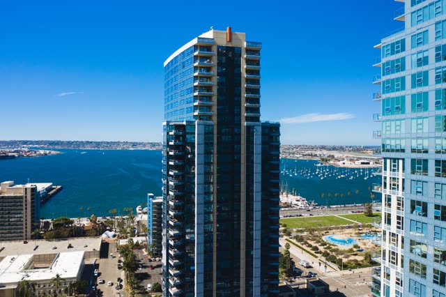 Aerial view of the downtown streets, the skyline and boats at Waterfront.