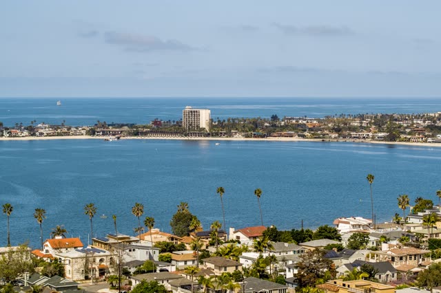Elevated view of a residential street, palm trees and the ocean in Mission Bay.