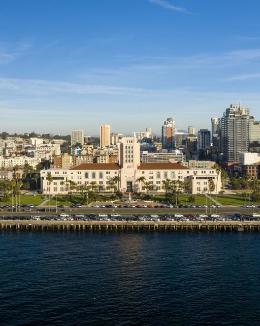 Low aerial view of the downtown streets, the skyline and palm trees at Waterfront.