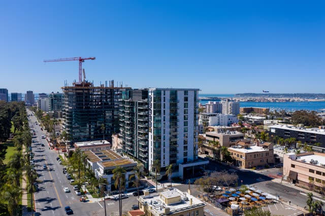 Aerial view of the downtown streets, boats and palm trees at Bankers Hill.