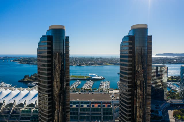 Aerial view of the downtown streets, the skyline and boats at San Diego Marina.