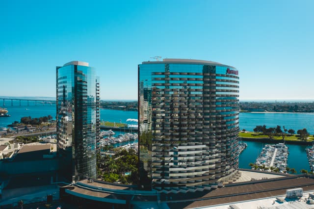 Aerial view of the downtown streets, the bridge and the skyline at San Diego Marina.