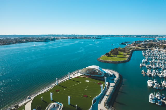 Aerial view of the harbor, boats and the bay at Embarcadero.