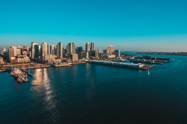 Aerial view of the downtown streets, the skyline and boats at San Diego Marina.