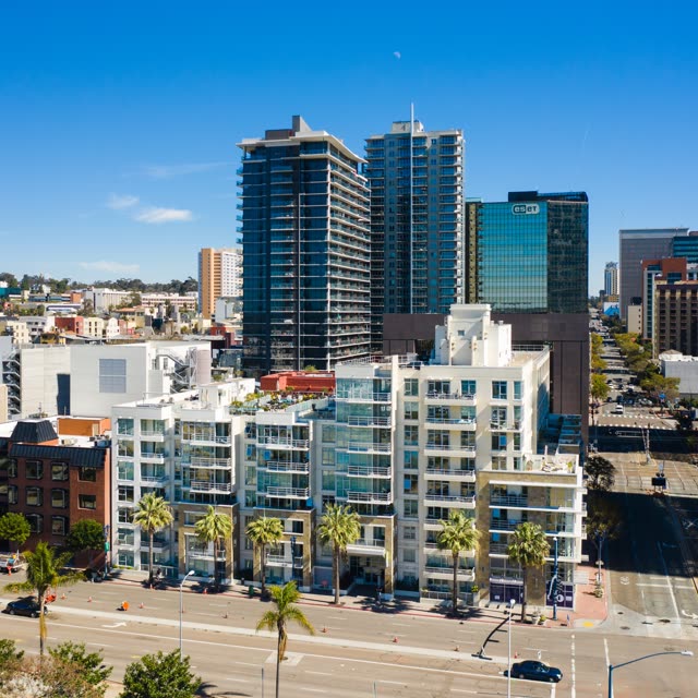 Low aerial view of the downtown streets, the skyline and palm trees at Waterfront.