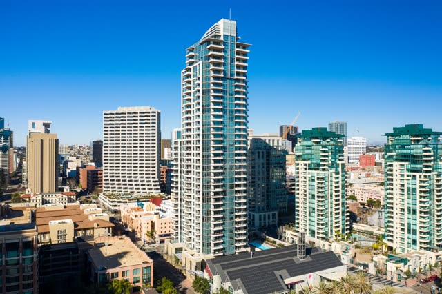 Aerial view of the downtown streets, the skyline and the buildings at San Diego Marina.