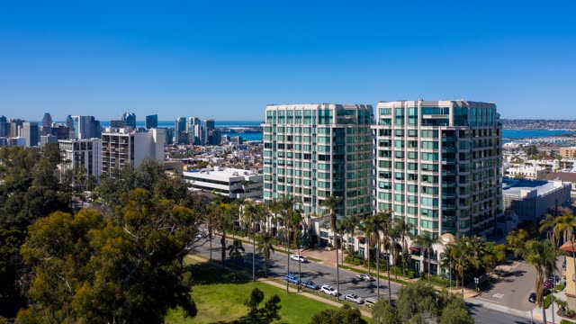 Aerial view of the downtown streets, the skyline and palm trees at Bankers Hill.