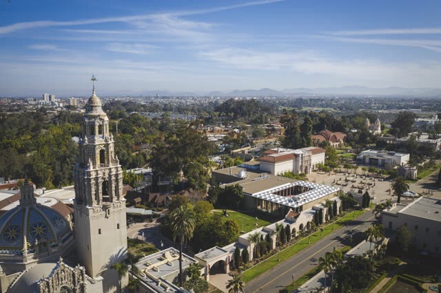 Aerial view of a park, the skyline and palm trees in Balboa Park.