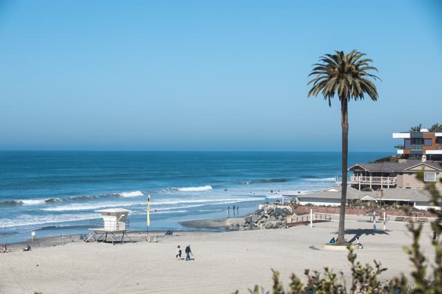 Elevated view of the beach, the surf and palm trees at Moonlight Beach, with people walking.