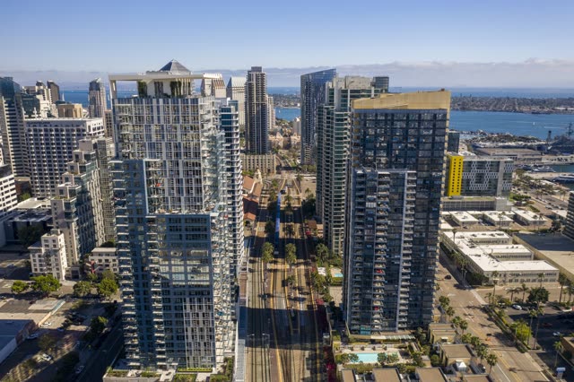 Aerial view of the downtown streets, the skyline and boats at Waterfront.