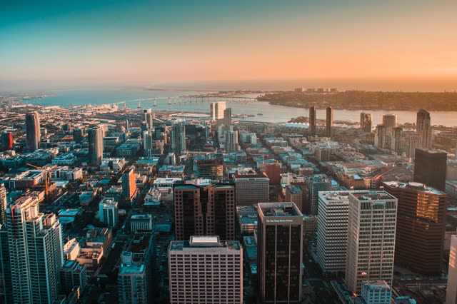 Aerial view of the downtown streets, the bridge and the skyline at San Diego Marina.
