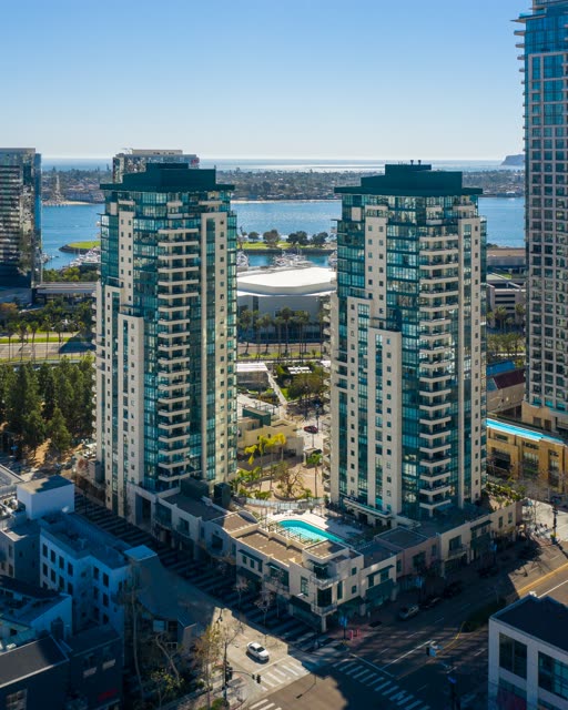 Aerial view of the downtown streets, the skyline and boats at San Diego Marina.